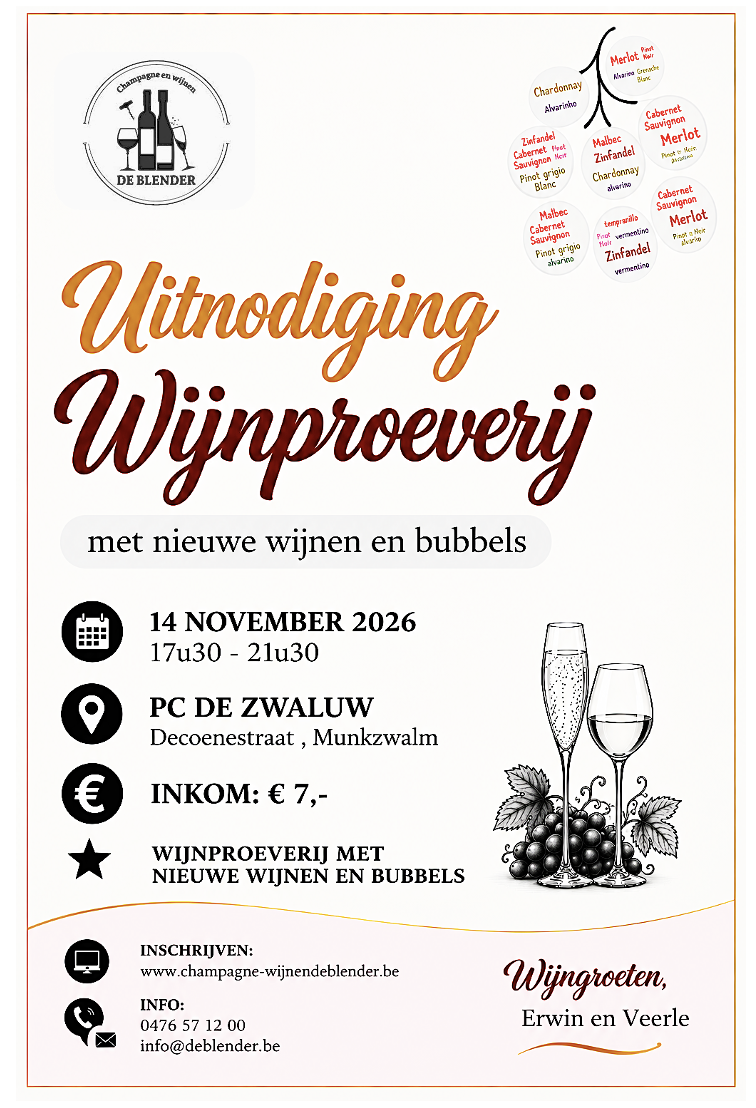 Uitnodiging wijnproeverij De Blender op zaterdag 14 november 2026 in PC De Zwaluw, Munkzwalm